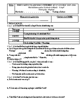 Đề kiểm tra định kỳ cuối học kì I môn Lịch sử + Địa lý Lớp 5 - Năm học 2013-2014 - Trường TH Toàn Thắng